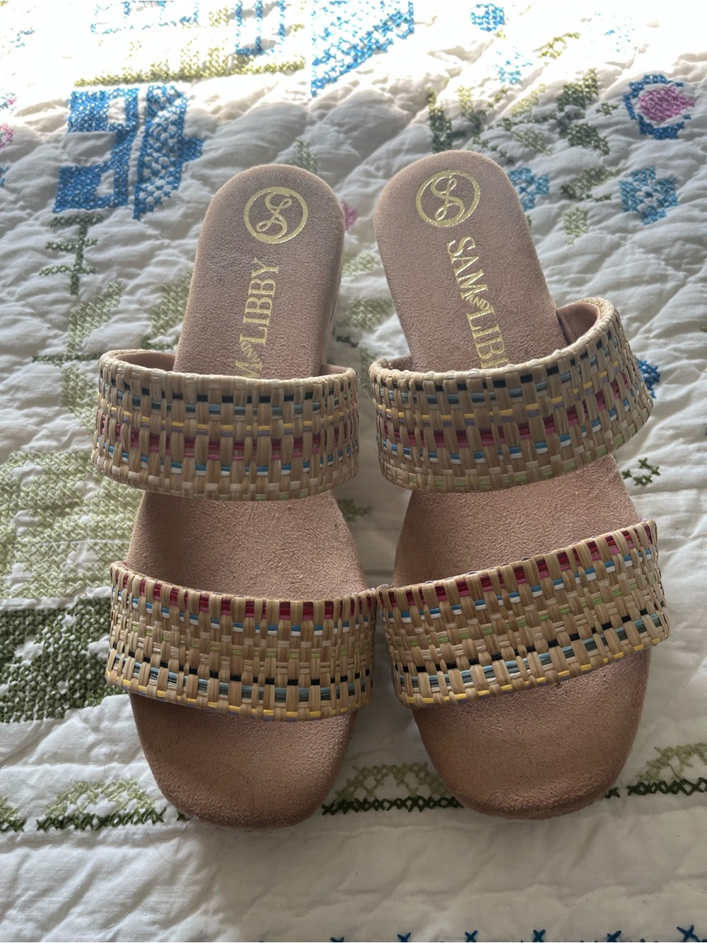 Sam & Libby Beige Woven Double-Strap Slide Sandals